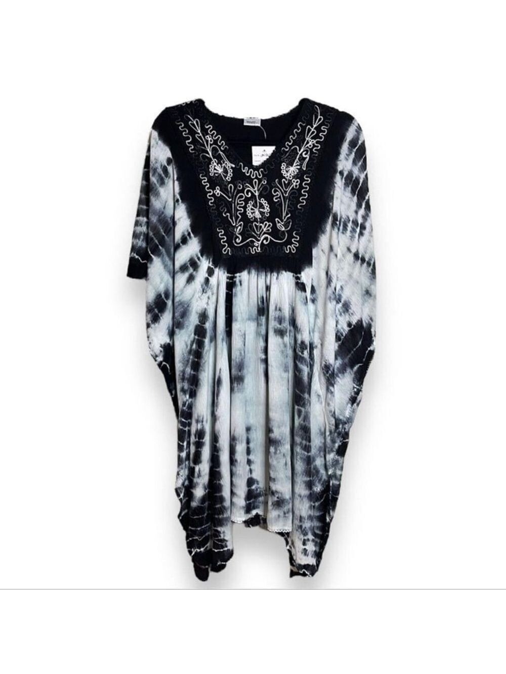 Tie Dye Beach Coverup Black & White OS (M/L) Blouse Caftan/Kaftan Poncho style - Picture 2 of 7